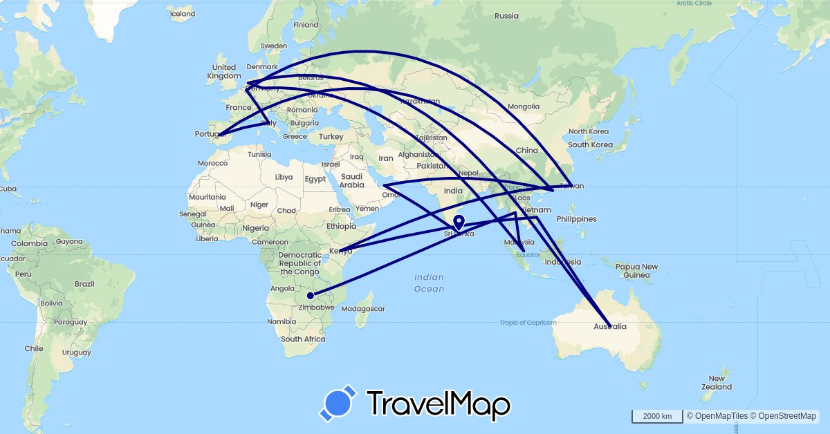 TravelMap itinerary: driving in United Arab Emirates, Australia, Belgium, China, Germany, Spain, Italy, Kenya, Sri Lanka, Malaysia, Netherlands, Singapore, Thailand, Taiwan, Vietnam, Zambia (Africa, Asia, Europe, Oceania)